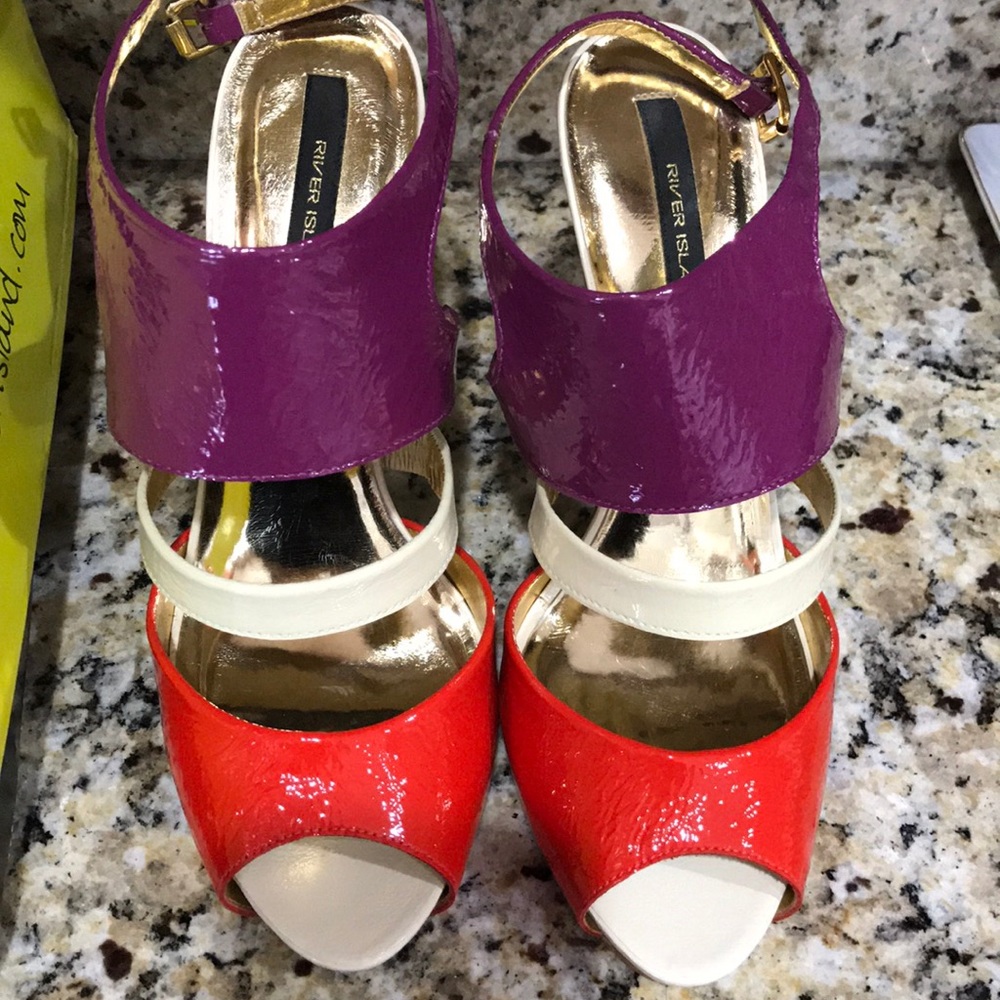 River Island heeled sandals red cream and purple